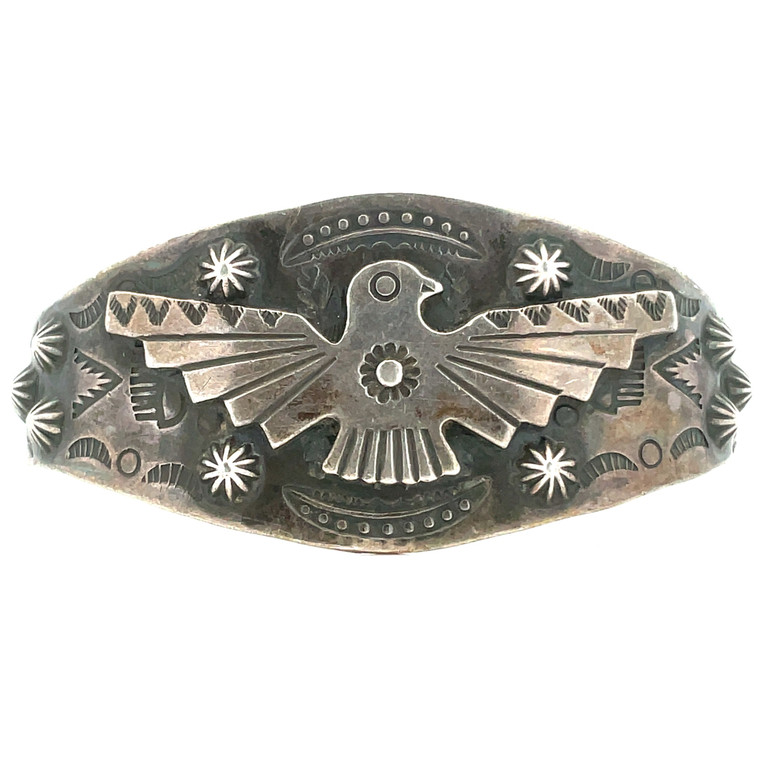 Vintage Navajo Bell Signed Sterling Silver Applied Thunderbird Cuff Bracelet