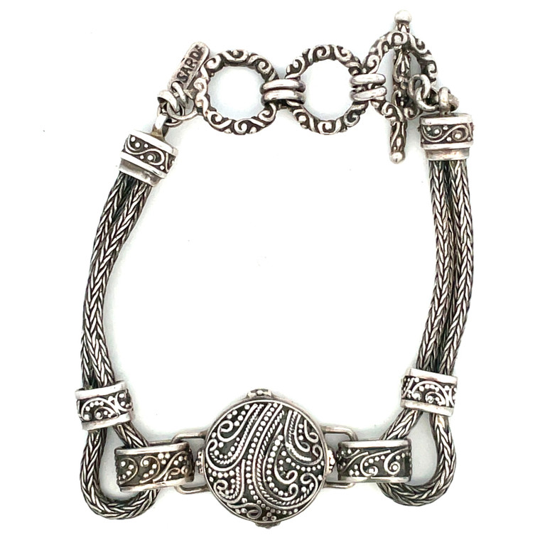 Vintage Boho Signed SARDA Granular Sterling Silver Wheat Link Toggle Bracelet