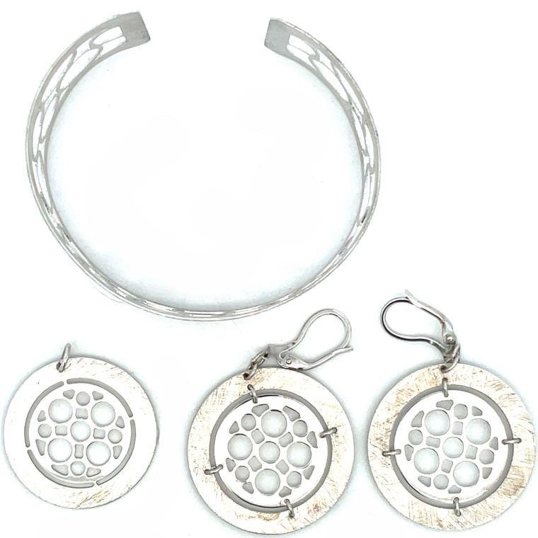 Vintage Filigree Circles Sterling Silver Dangle Earrings, Pendant, and Cuff Bracelet