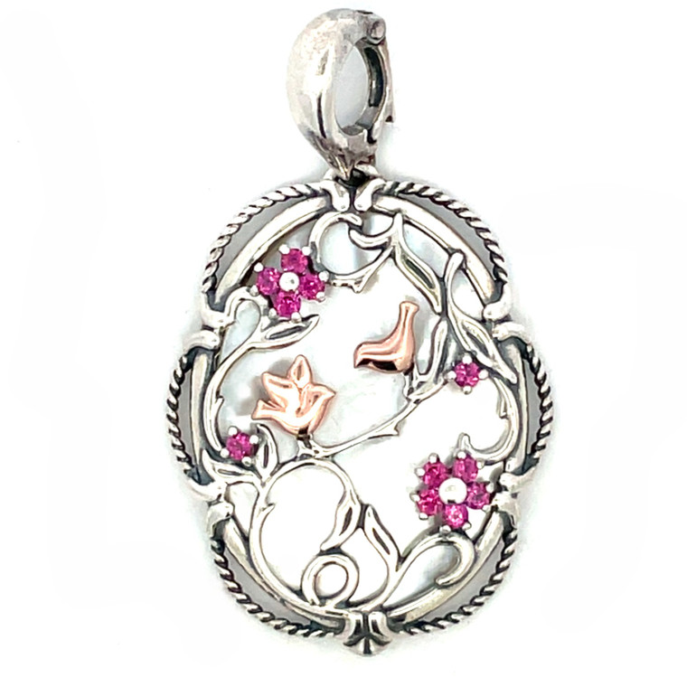 Carolyn Pollack Vintage Relios Sterling Silver Mother of Pearl Floral Overlay Pink Tourmaline Flowers and Rose Gold Plated Birds Oval Pendant