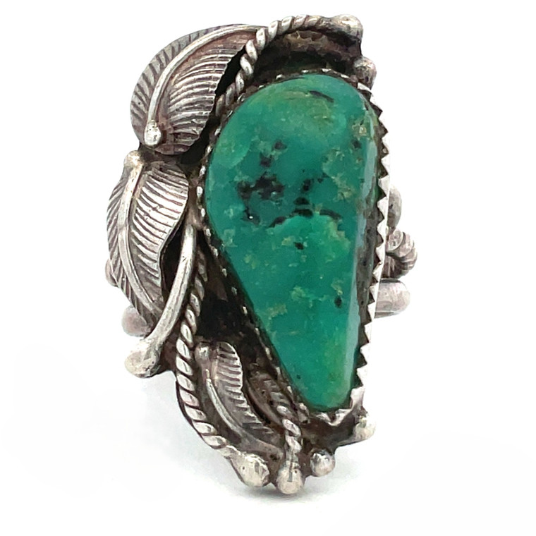 Kirk Signed Navajo Vintage Sterling Silver Triple Leaf and Green Turquoise Ring Size 5.5