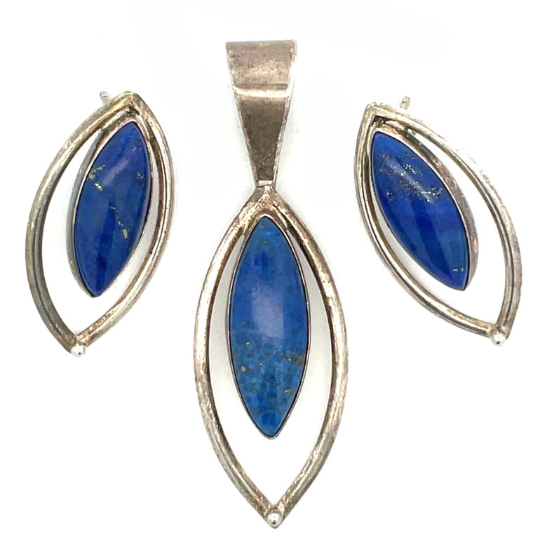 Signed DIK Vintage Sterling Silver Lapis Lazuli Leaf Shaped Stud Earrings and Pendant