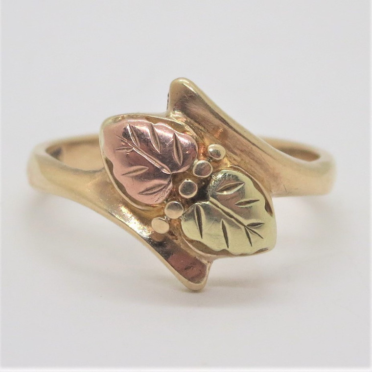 10k Yellow & Black Hills Gold Landstrom 2 Leaves Bypass Band Ring Size 6 1/4