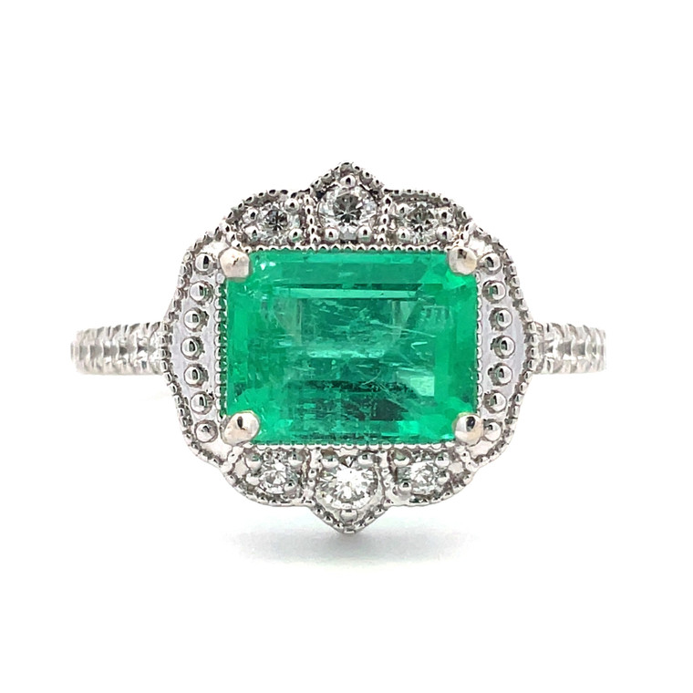 14K White Gold 1.26ct AA Natural Emerald Vintage Inspired Diamond Accented Statement Ring Size 6 1/4