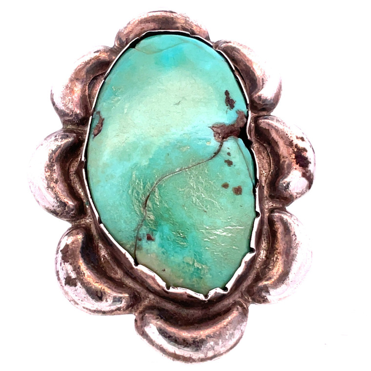 Marked Vintage Native Sterling Silver Floral Oval Green Turquoise Ring Size 8.5