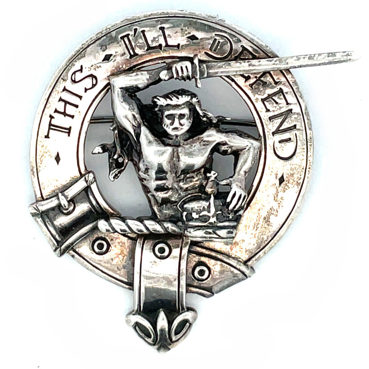 Vintage Clan MacFarlane's Sterling Silver "This I'll Defend" Clansman's Crest Badge Brooch