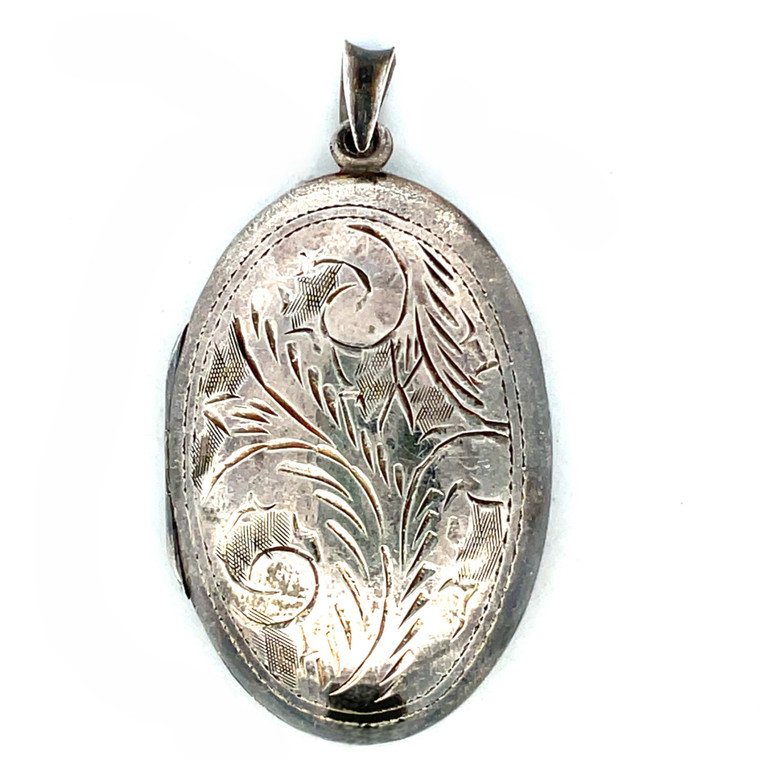 Vintage Oval Sterling Silver Vine Etched Reversible Photo Locket Pendant