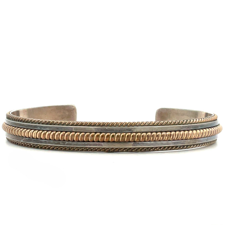 Tahe Marked Vintage Sterling Silver and 12K Gold Filled Coil Cuff Bracelet