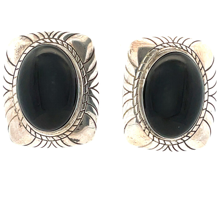Native Vintage Southwestern Stamped Rectangle Sterling Silver Oval Onyx Stud Earrings