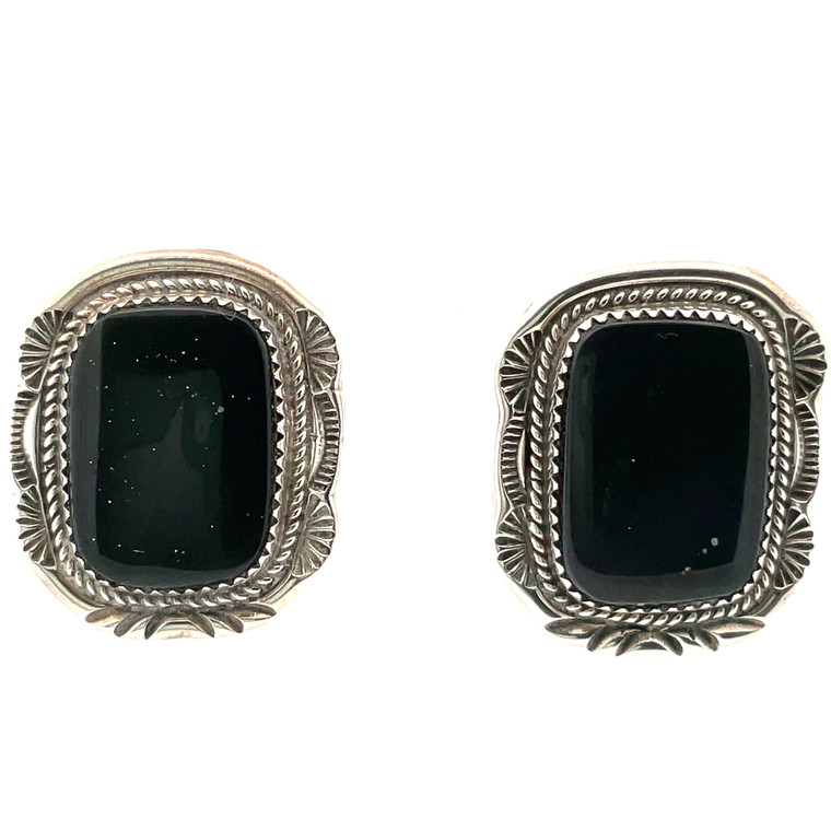 Signed Vintage Sterling Silver Rectangle Shimmering Green Laborite Stud Earrings