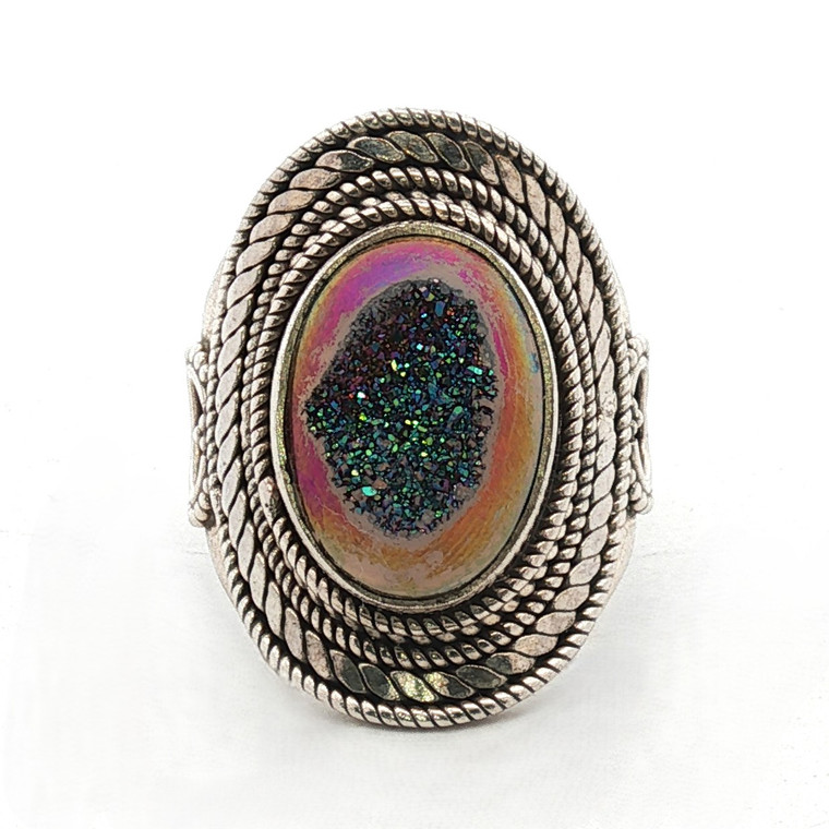 Sterling Silver Druzy Braided Halo Design Fashion Ring Size 6 1/2
