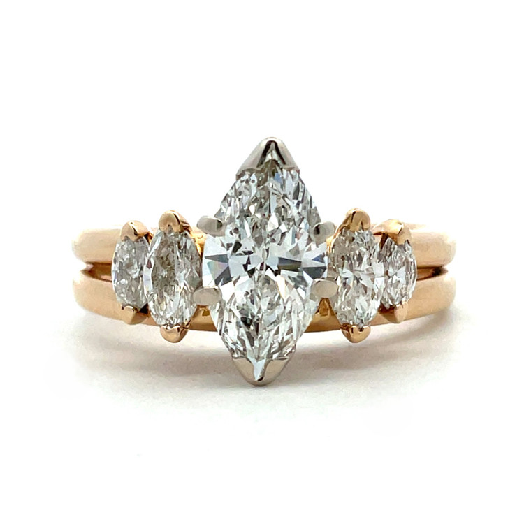 14K Yellow Gold 1.19ct Marquise Diamond Accented Soldered Wedding Ring Size 7.5