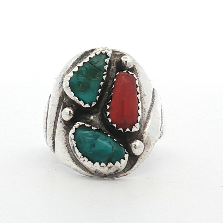 Sterling Silver Turquoise And Coral Arranged Ring Sized 8.75