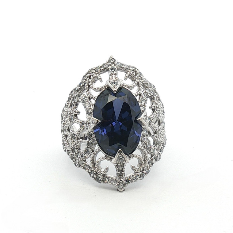 Sterling Silver Created Sapphire Oval Cut With CZ Scrollwork Ring Size 8.25