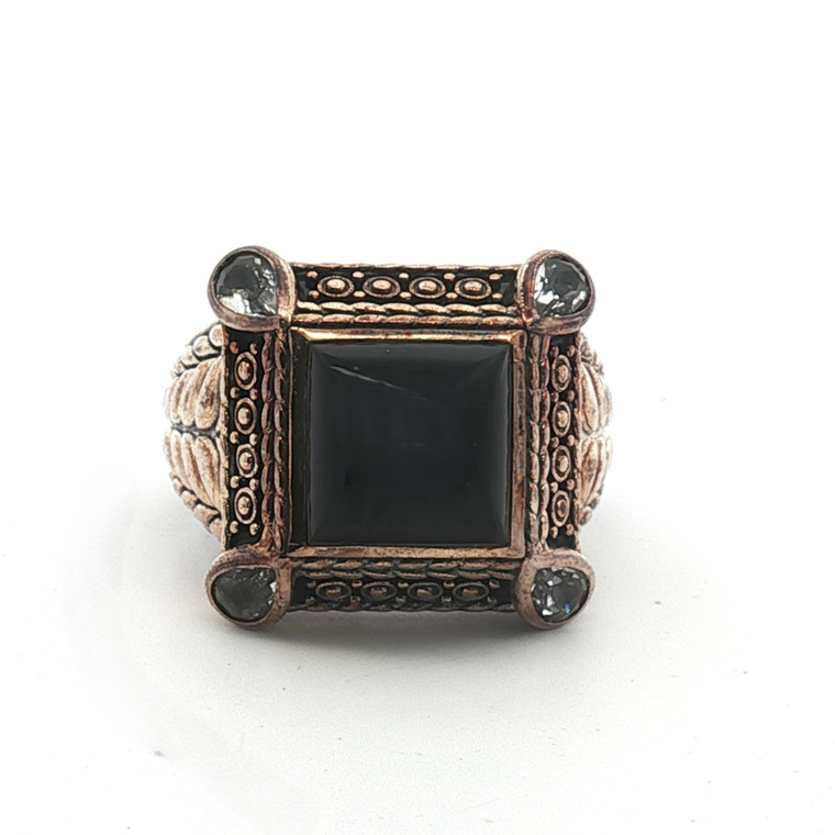 Sterling Silver Black Onyx Vintage Style With CZ Accents Ring Size 8