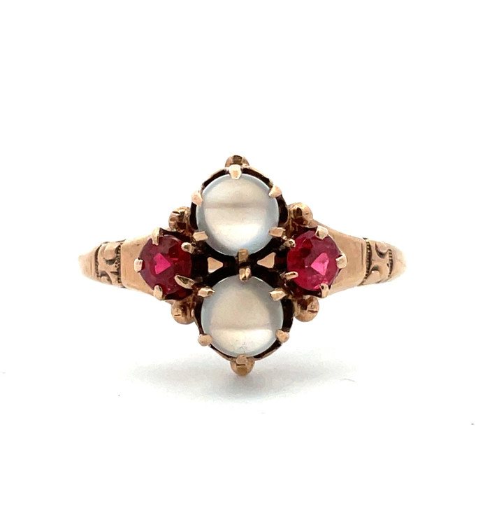 Victorian 10K Yellow Gold Ruby Moonstone Ornate Design Ring Size 5.5