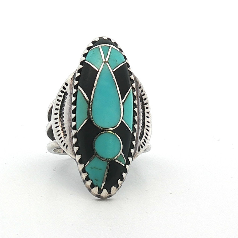 Sterling Silver Native Turquoise and Black Onyx Ring Size 6.5