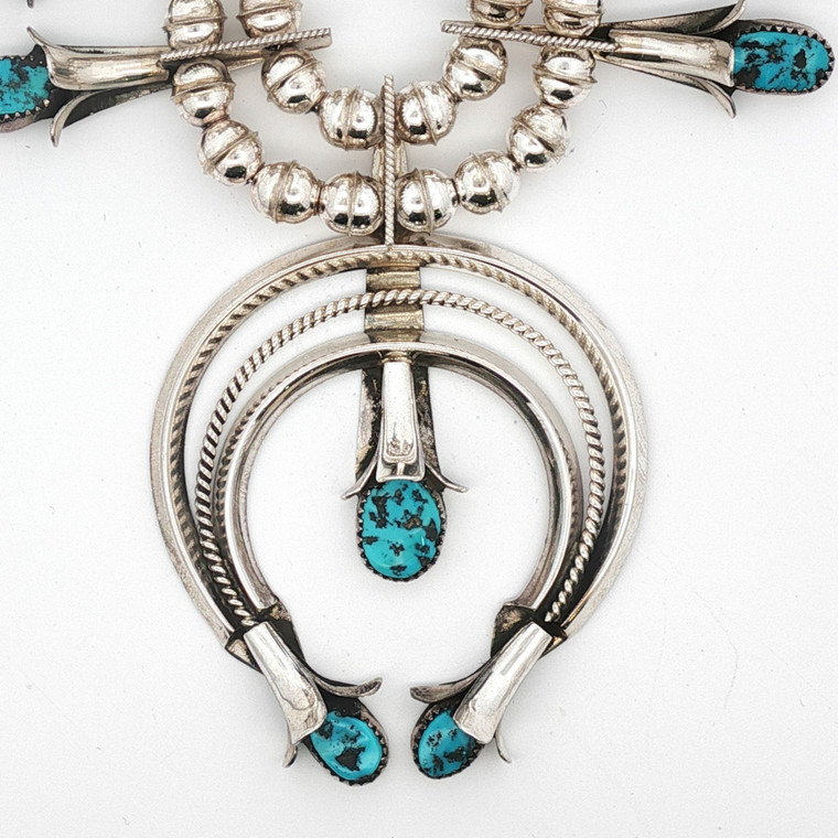 Sterling Silver Turquoise Navajo Style Squash Blossom Necklace