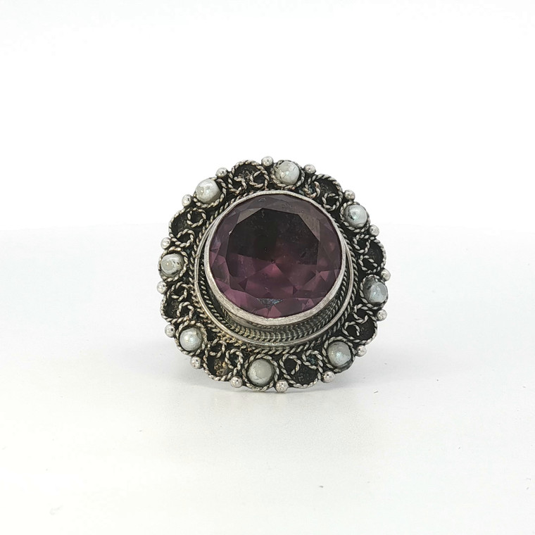 Sterling Silver Created Alexandrite Filigree Pearl Halo Adjustable Ring