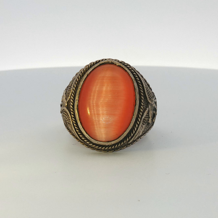 Sterling Silver Orange Stripped Agate Aqeeq Eagle Mens Ring Size 10.5