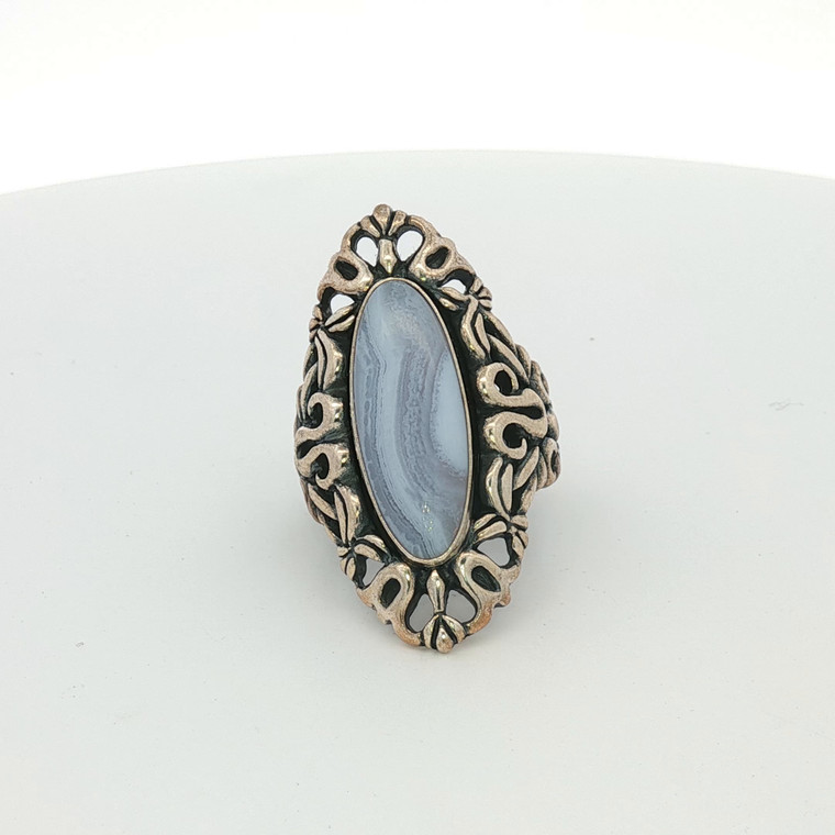 Sterling Silver Carolyn Pollack Oval Blue Agate Vintage Filigree Ring Size 7