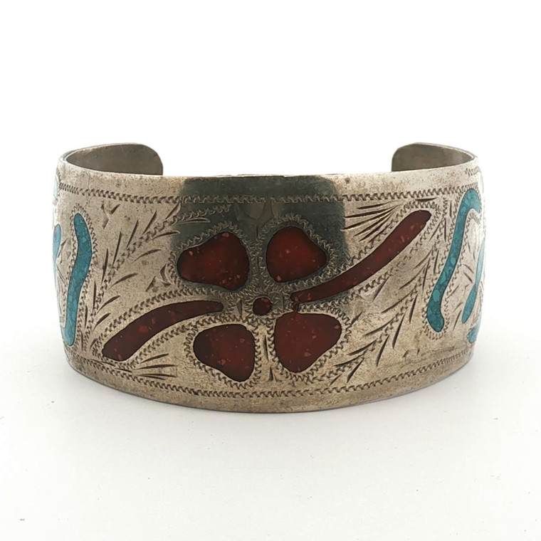 Sterling Silver Turquoise and Coral Inlay South Western Style Cuff Bracelet