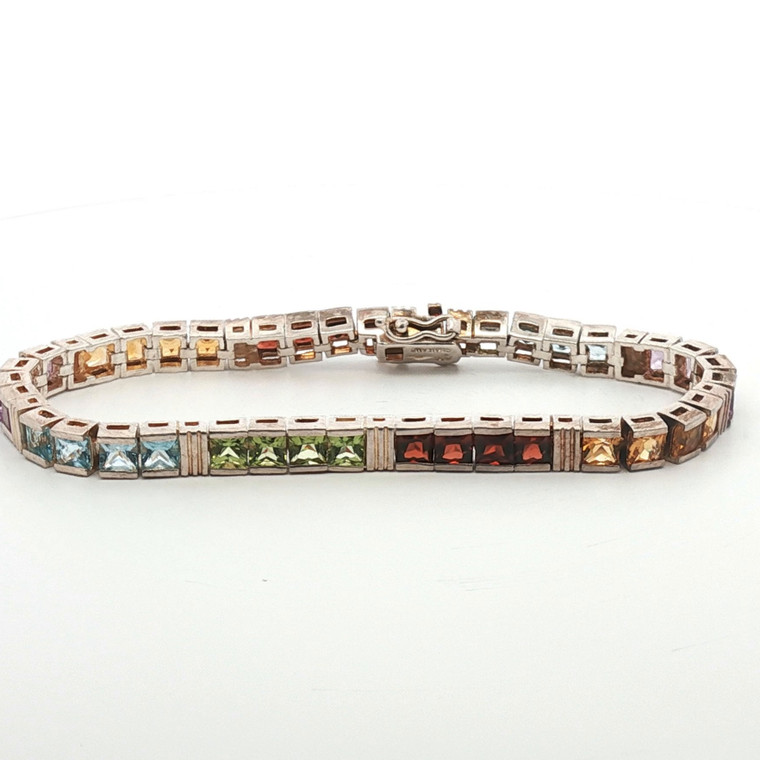 Sterling Silver Multi Semi Precious Gemstone Channel Setting Tennis Bracelet