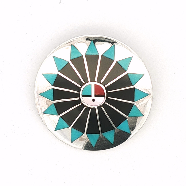 Vintage Zuni Native Sterling Silver Multi Stone Inlay Sunface Brooch (Signed F.L. Natachu)