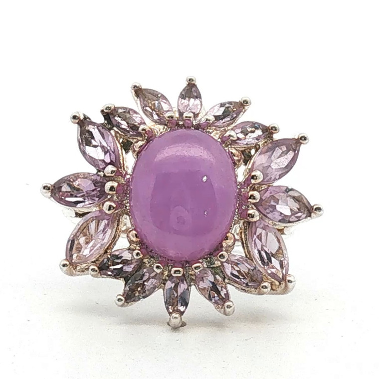 Sterling Silver Jade And Amethyst Floral Cluster Ring Size 6