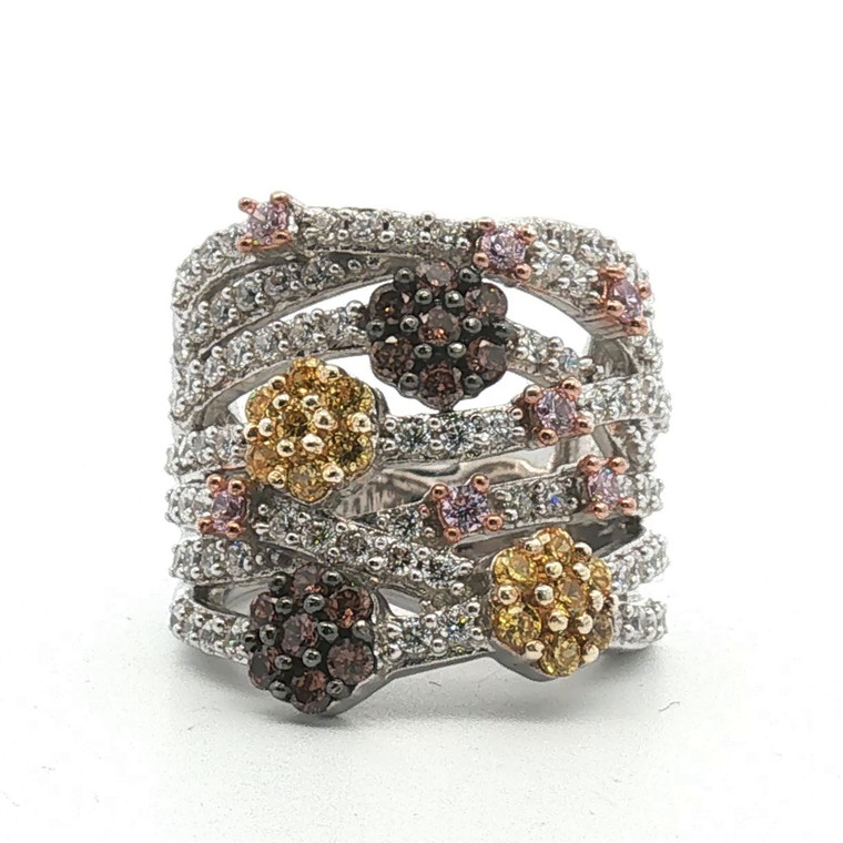 Sterling Silver White Brown Yellow And Pink CZ Floral Cluster Ring Size 6