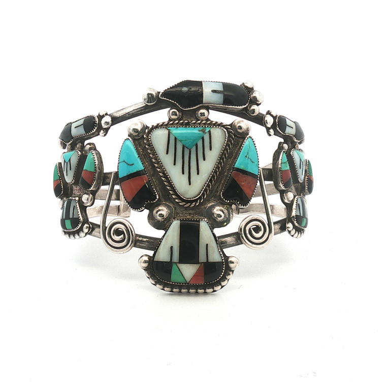 Vintage Zuni Sterling Silver Multi Stone Knifewing Cuff Bracelet
