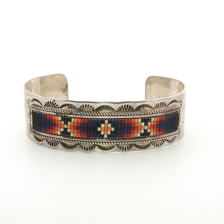 Vintage Navajo Sterling Silver Loomed Seed Beadwork Cuff Bracelet - Signed Gerald & Rita Whitethorne