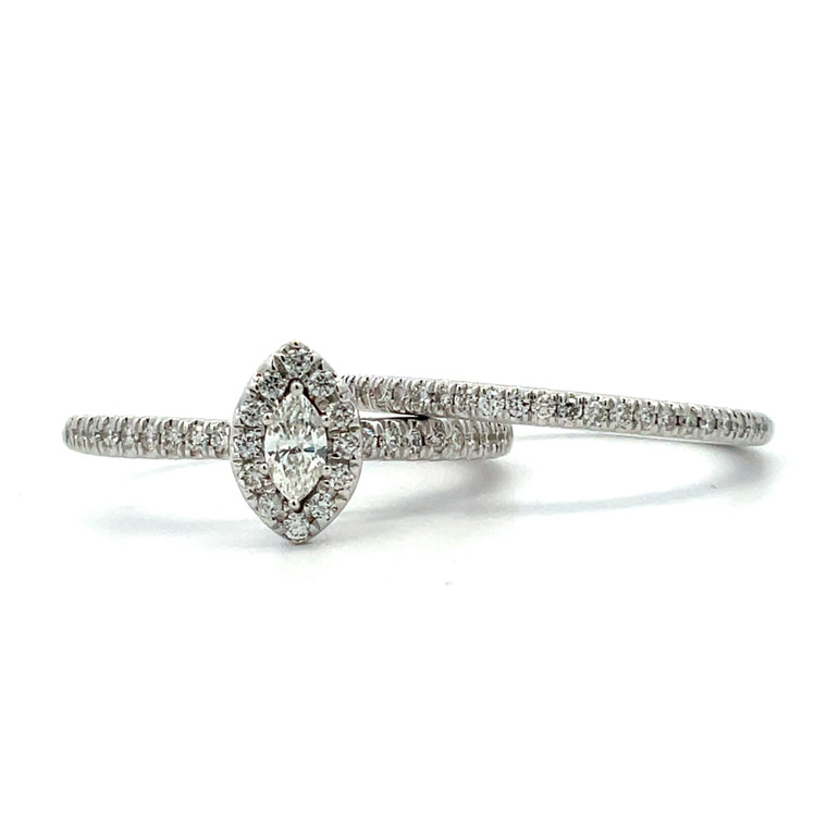 14K White Gold .15ct Marquise Diamond .50cttw Accent Halo Pave Band Engagement Wedding Ring Set Size 7