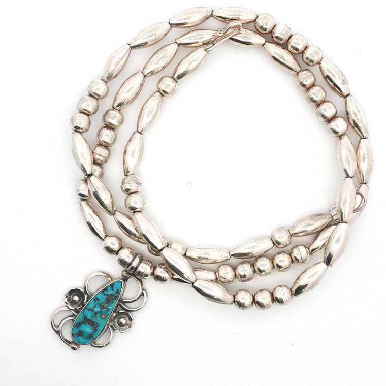 Vintage Navajo Sterling Silver Turquoise Floral Beaded Necklace