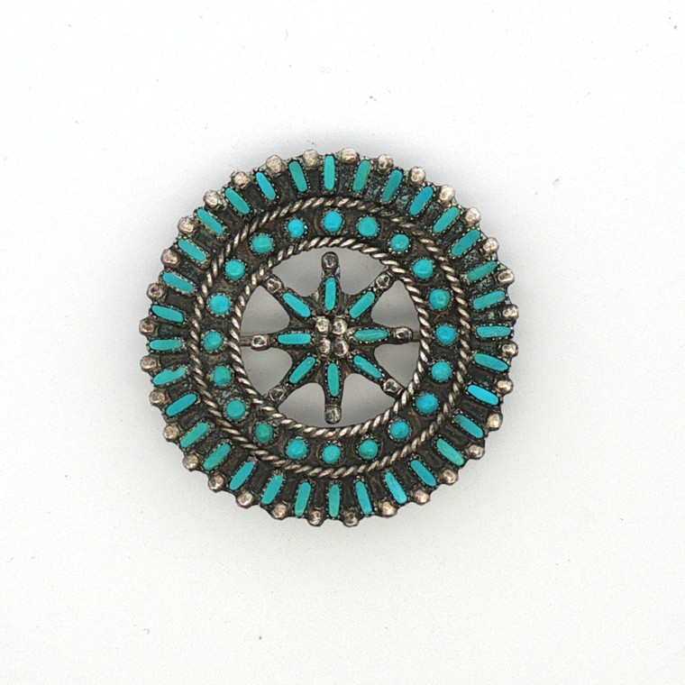 Vintage Zuni Sterling Silver Turquoise Sunburst Pendant Brooch - Signed Simeon Awelagte