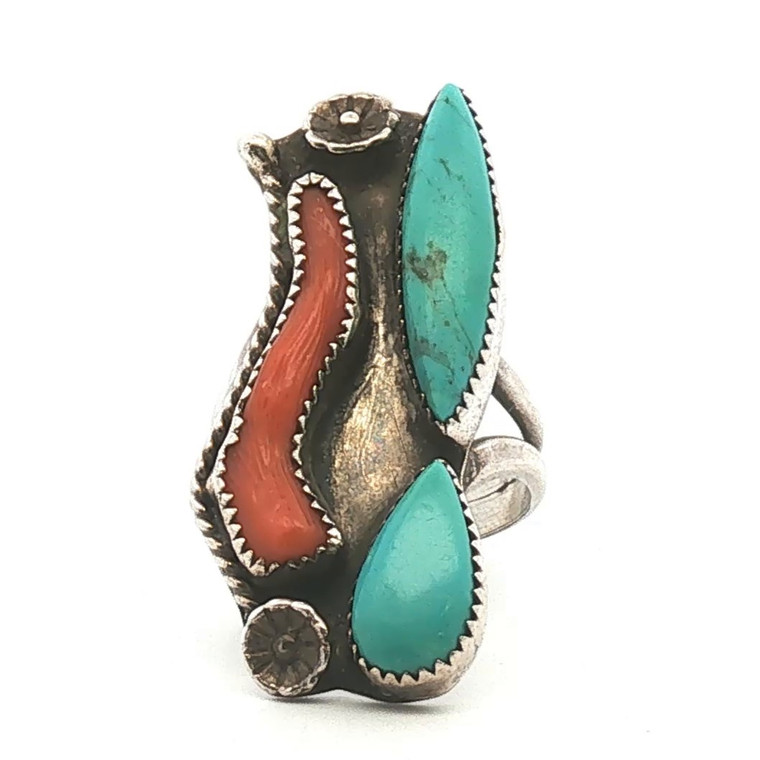 Sterling Silver Turquoise And Coral Vintage Style Navajo Native American Ring Size 8