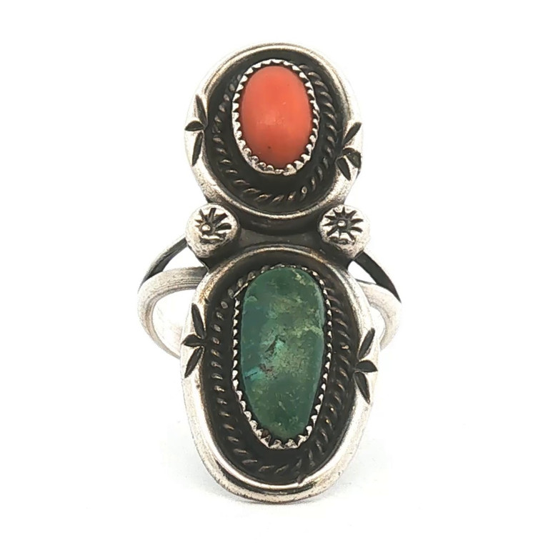 Sterling Silver Turquoise And Coral Vintage Native American Ring Size 8