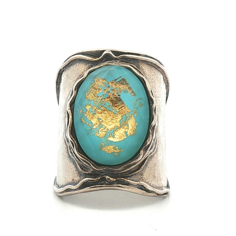 Sterling Silver DIDAE Faceted Quartz Over Turquoise With Gold Flakes Statement Ring Size 8