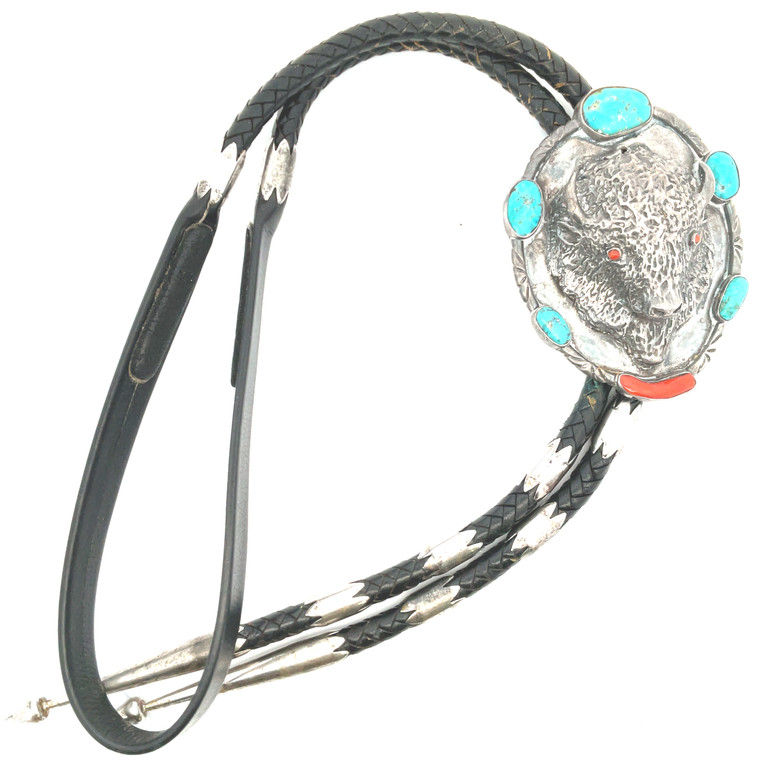 Vintage Southwest Native American Sterling Silver Turquoise Buffalo Bolo Tie