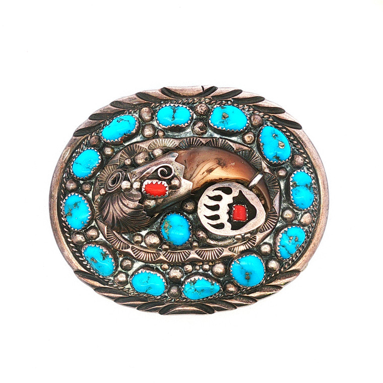 Vintage Southwest Navajo Sterling Silver Turquoise Bear Claw Belt Buckle