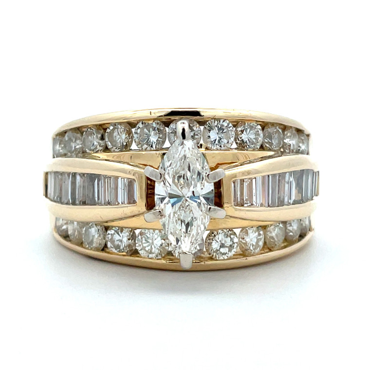 14K Yellow Gold App .70ct Marquise Diamond Accented Three Row Wedding Anniversary Ring Size 9.5