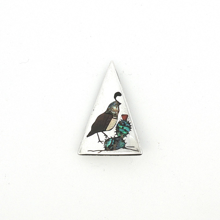 Vintage Zuni Sterling Silver Inlay Quail Pendant Brooch - Signed Henry & Linda Barber