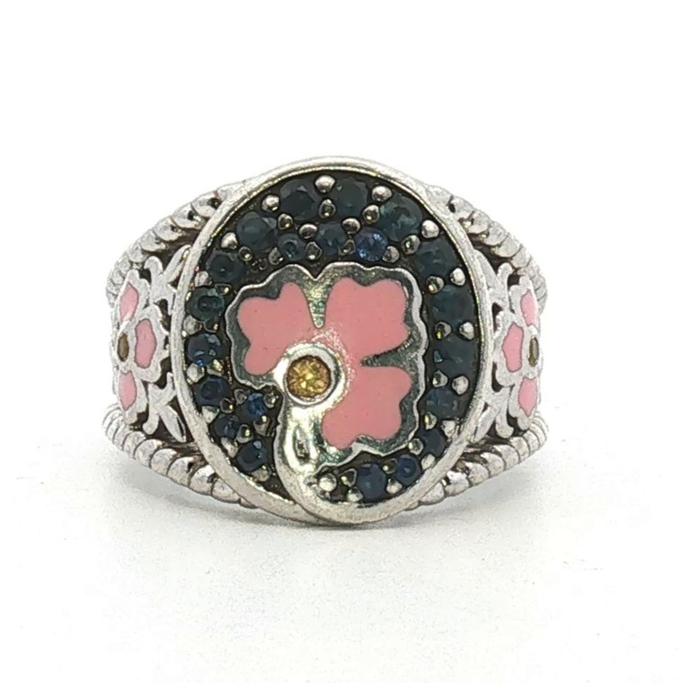 Sterling Silver Sapphire And Enamel With Citrine Accents Floral Ring Size 6
