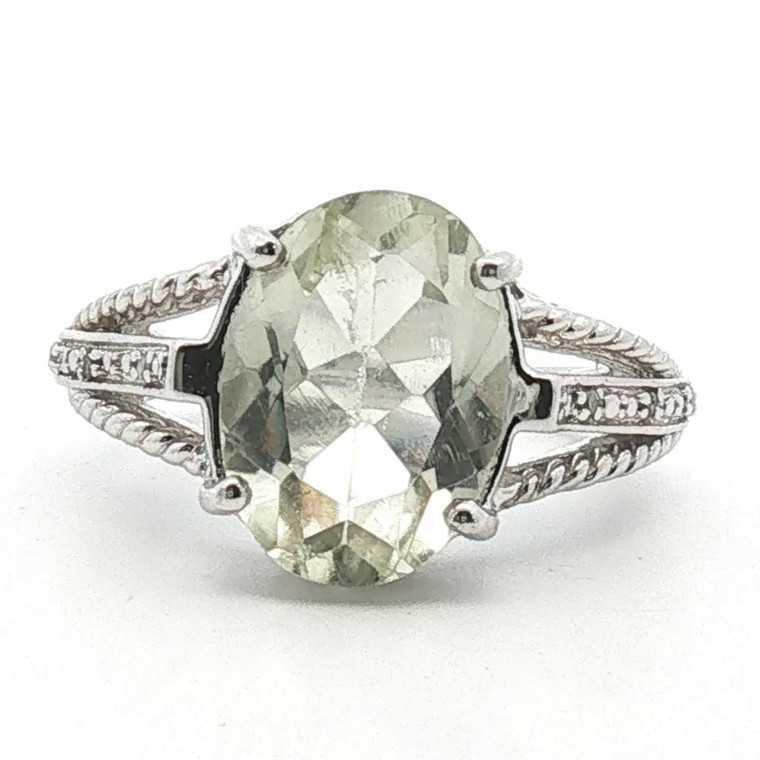 Sterling Silver Green Amethyst Oval Cut With CZ Accents Fashion Ring Size 7