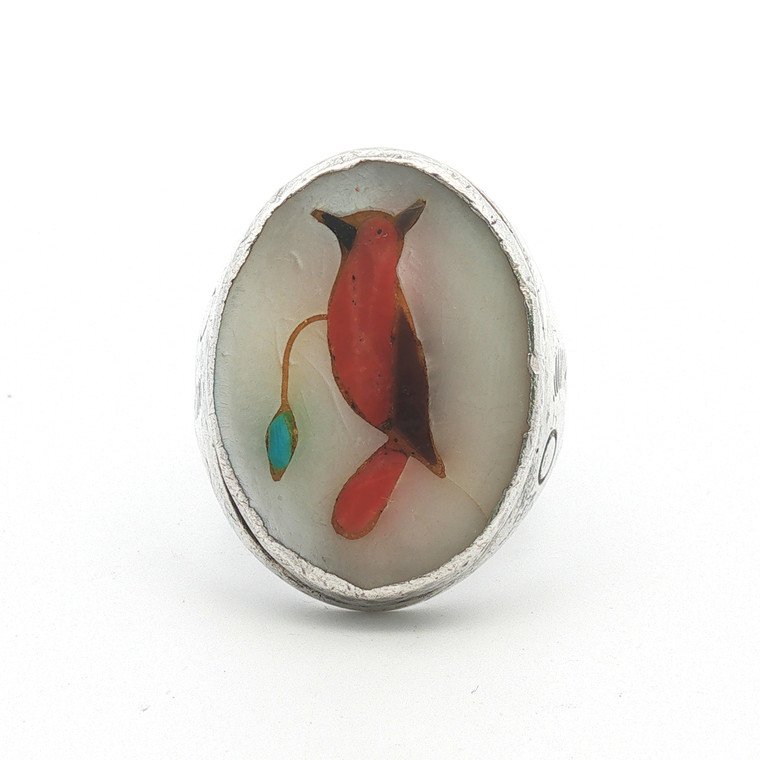 Vintage Zuni Sterling Silver Coral Mother of Pearl Cardinal Men’s Ring Signed RB Sz 13.25