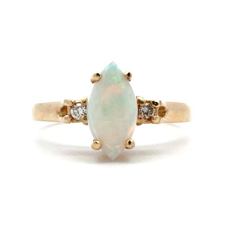 14K Yellow Gold Marquise Cut Opal Diamond Accented Birthstone Fashion Ring Size 6.5