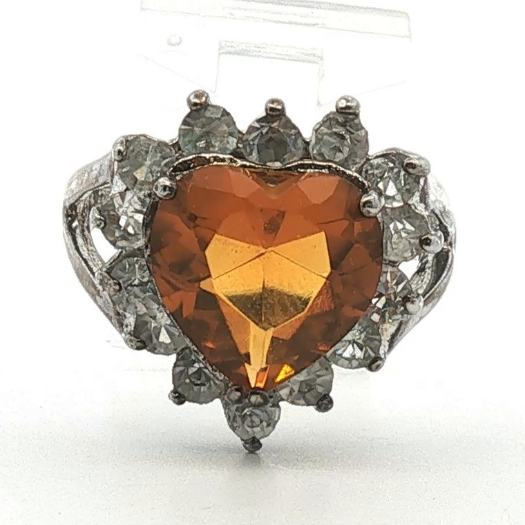 Sterling Silver Orange Spessartite Garnet Heart Shaped With a CZ Halo Fashion Ring Size 8.25