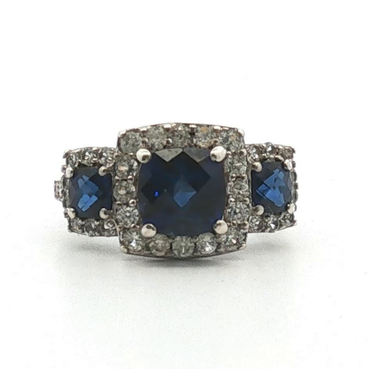 Sterling Silver Created Sapphire Cushion Cut With CZ Accent Ring Size 6