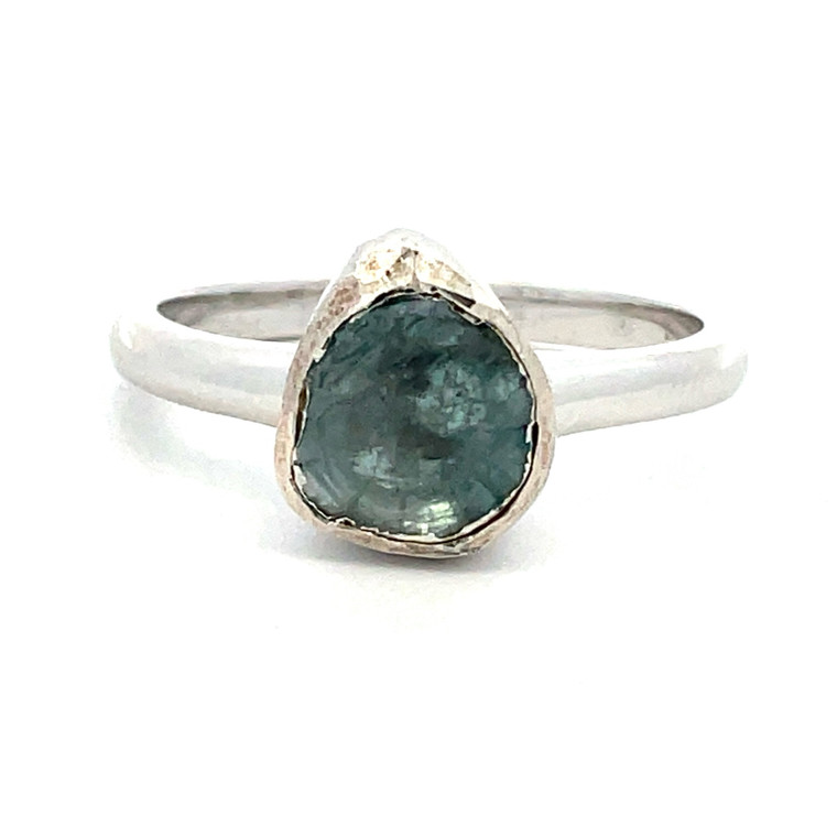 Sterling Silver Solitaire Bezel Set Raw Aquamarine Ring Size 8
