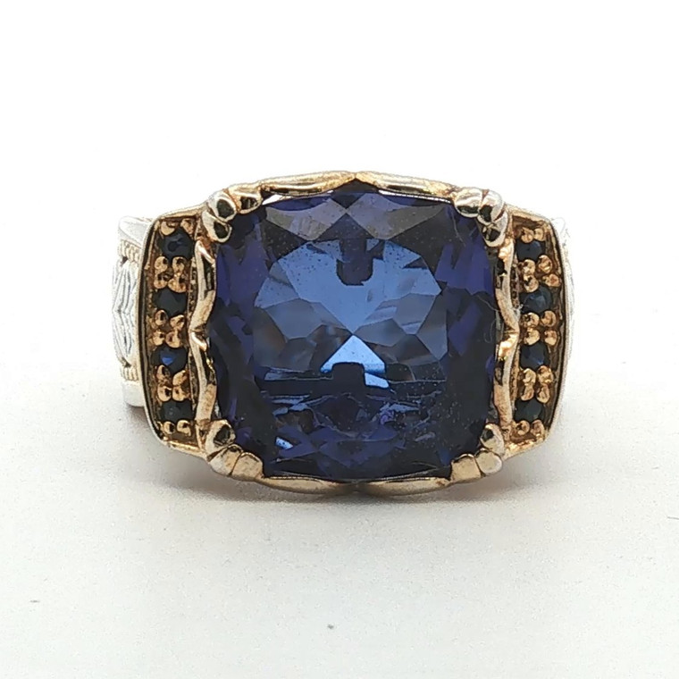 Sterling Silver Created Sapphire Cushion Cut Two Toned Sculped Fashion Ring Size 8
